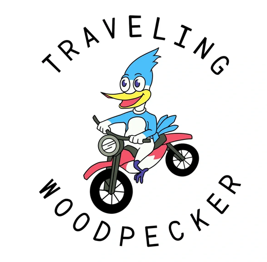 Traveling Woodpecker logo: a woodpecker riding a dirt bike