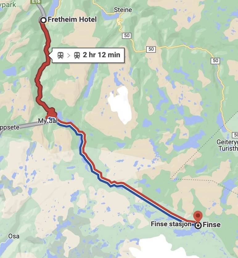 By train from Flåm to Finse: the Flåm Railway to Myrdal, then the Bergen Railway, about 2 hr 12 min