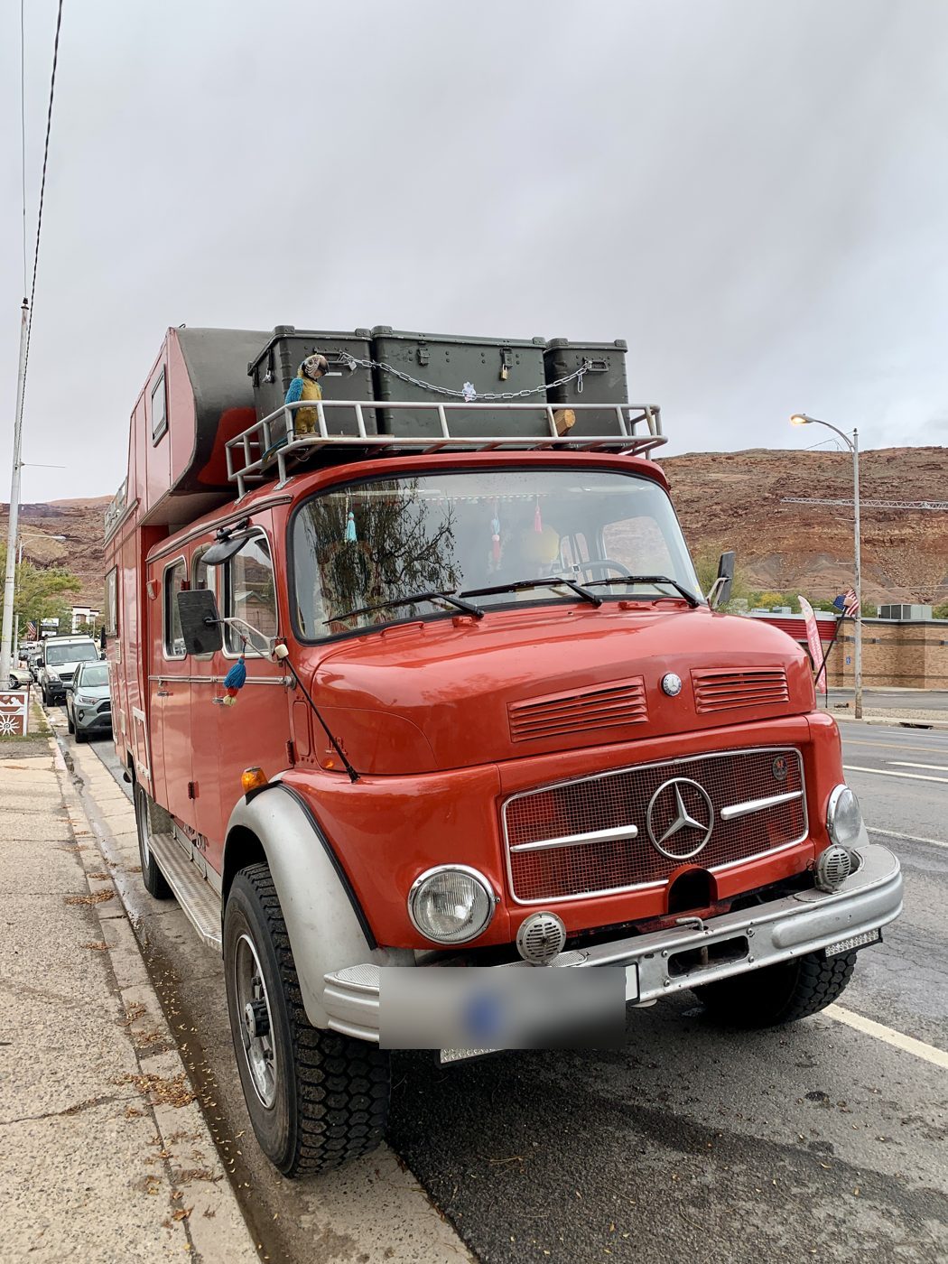 A vintage Mercedes overlander from Germany, parked in Moab