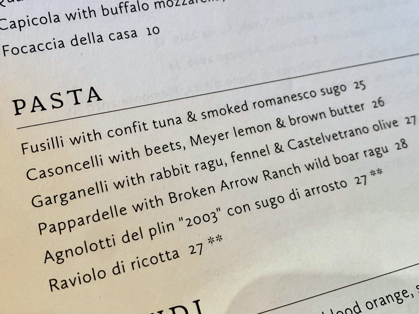 The pasta menu at Cotogna