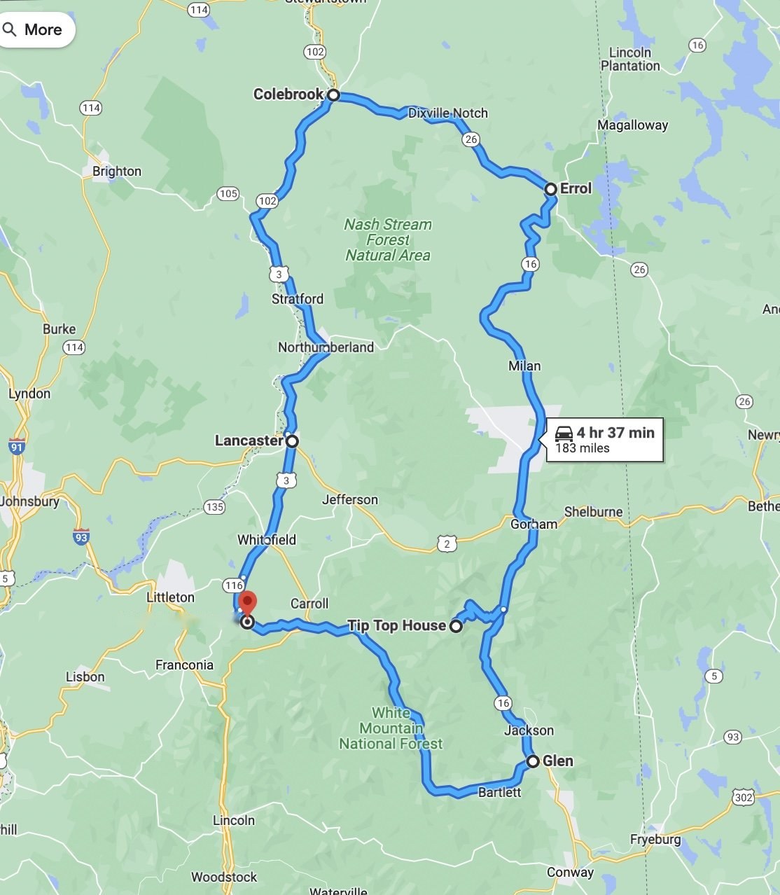 The big North Country loop: Jackson, Mount Washington, Errol and Colebrook, about 183 miles.